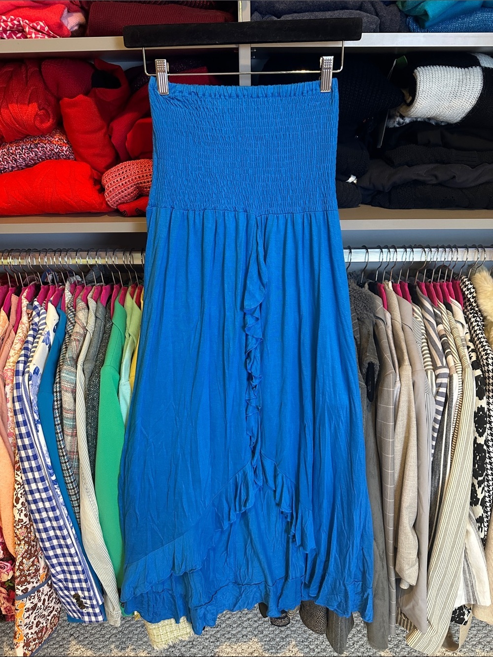 Raviva blue strapless smocked hi low midi dress size S NWT